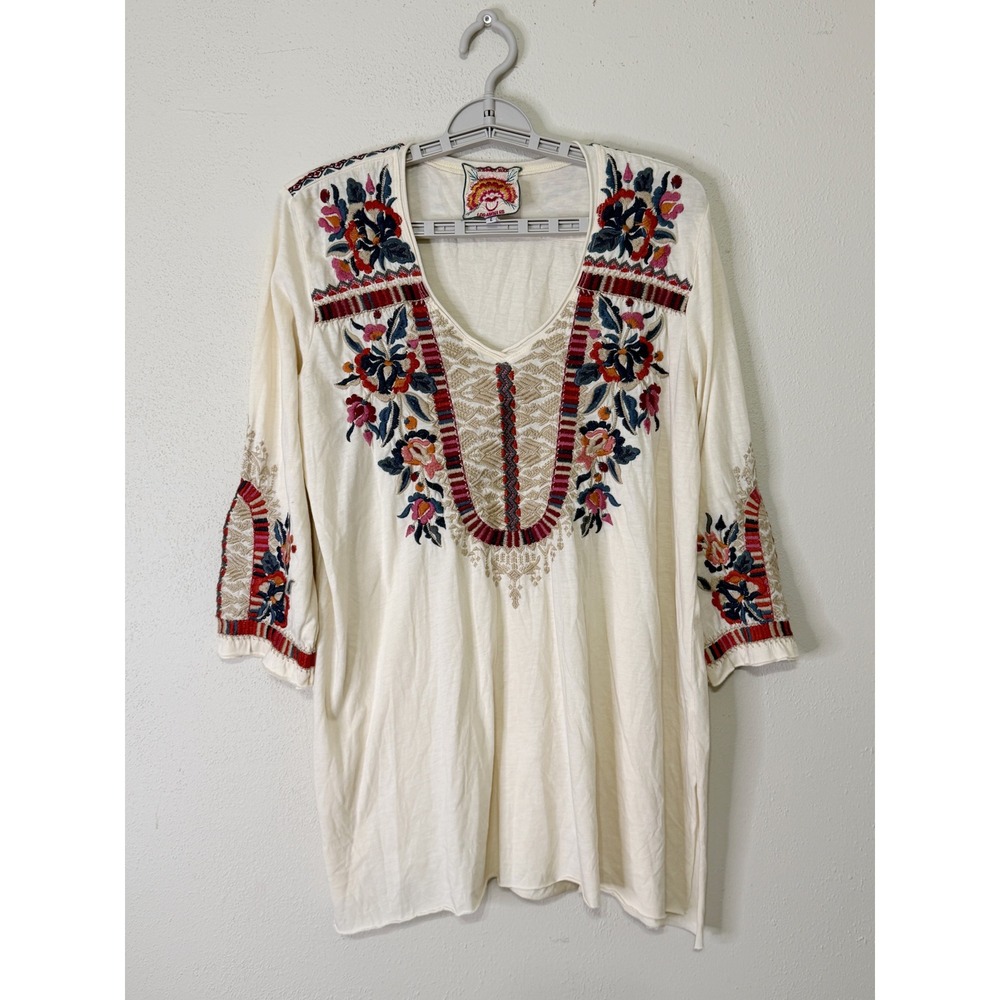 Johnny Was Embroidered Floral V-Neck Tunic Top Cream Large Boho Artisan